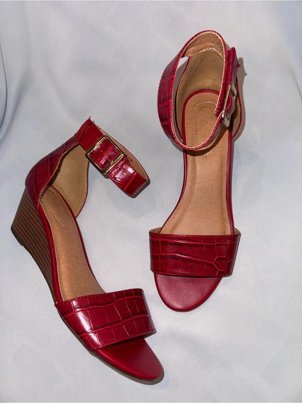 Comfort 1946 Sandals for Women Red Croc-Embossed Look Ankle Strap Wedge Sandals